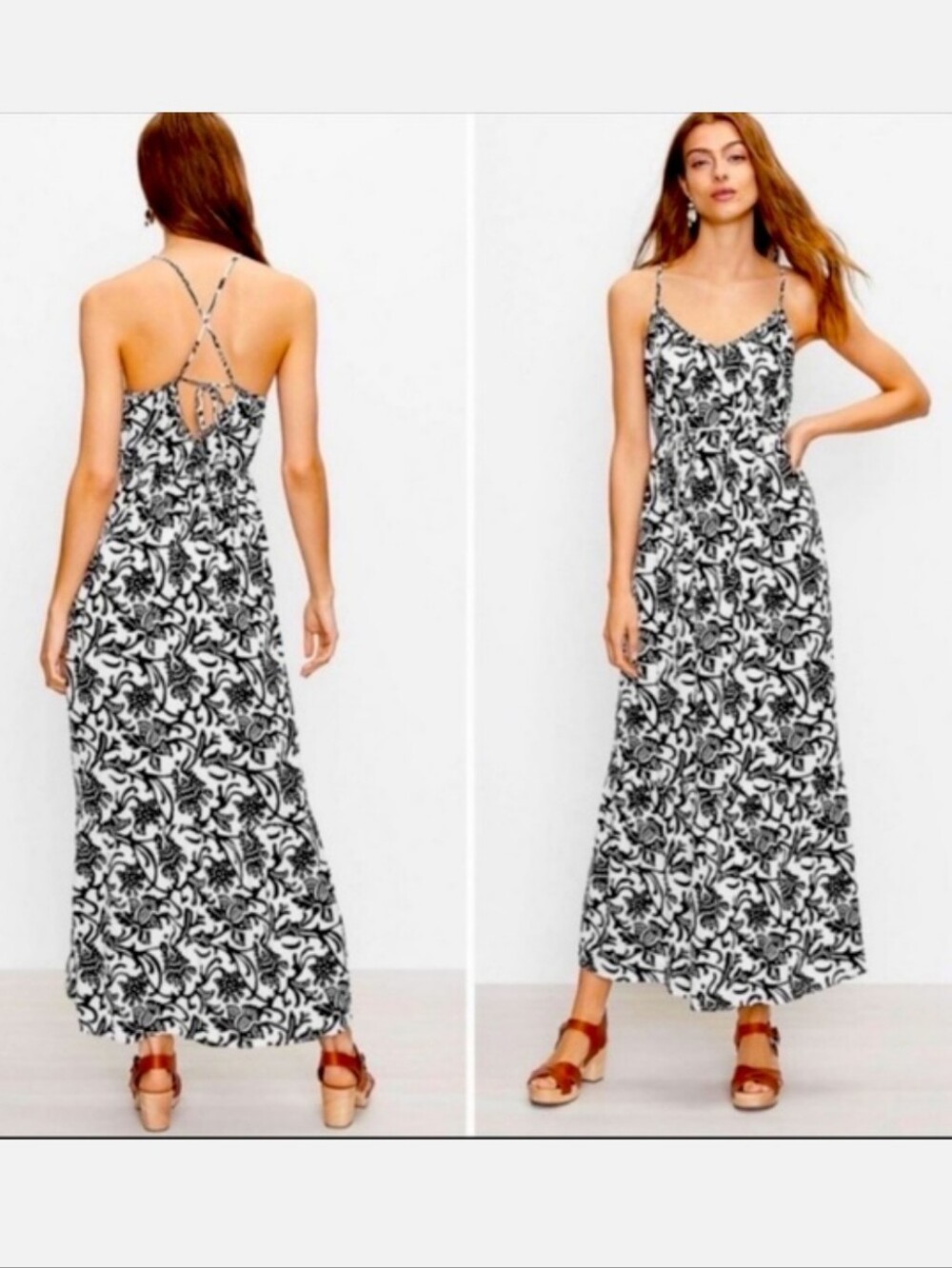 LOFT Black & White Floral Strappy Cross back beach resort maxi dress medium